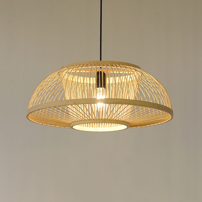 1-Light Bamboo Japanese Pendant Light Beige Down Lighting for Dining Room