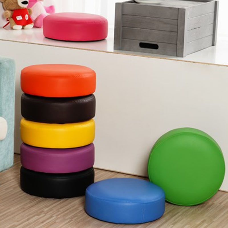 Modern Pouf Ottoman Faux Leather Upholstered Solid Color Round Ottoman with Wheels