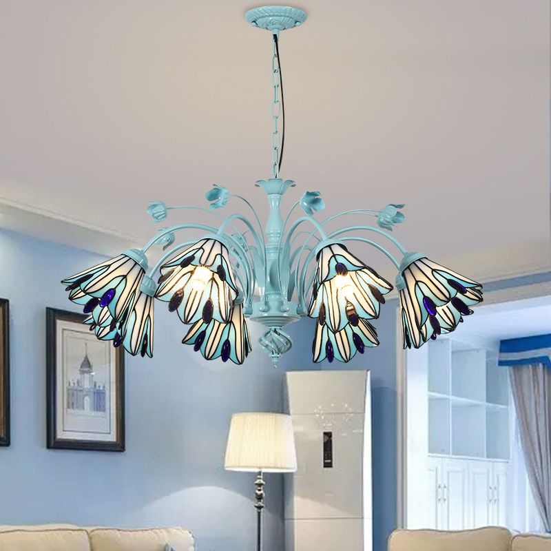 Conical Chandelier Pendant Light 3/6/8 Lights Stained Art Glass Baroque Hanging Lamp Kit in Blue/Dark Blue for Living Room
