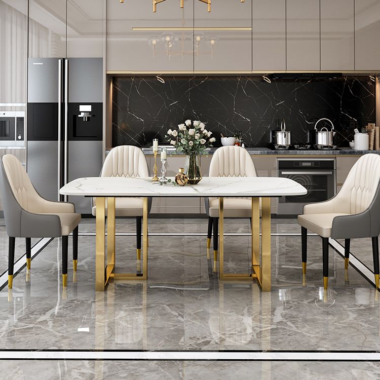 Luxury Sintered Stone Dining Table Rectangle Table with Double Pedestal in Gold