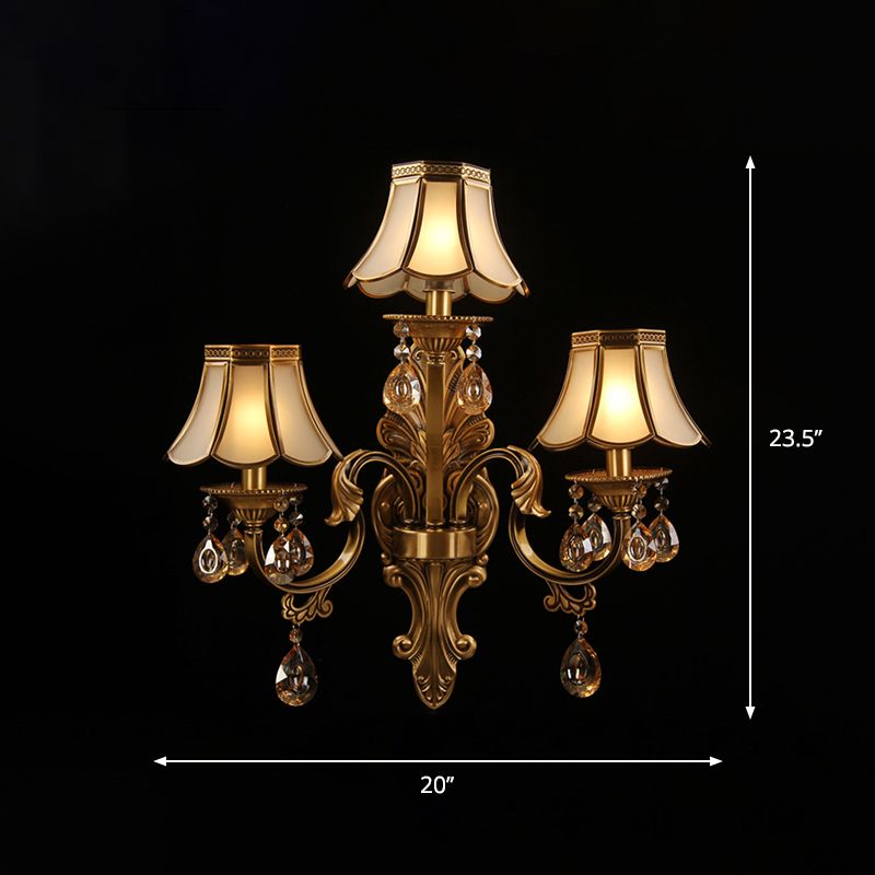 3 Heads Scalloped Wall Lighting Traditional Brass Finish Frosted Glass Sconce with Crystal Deco