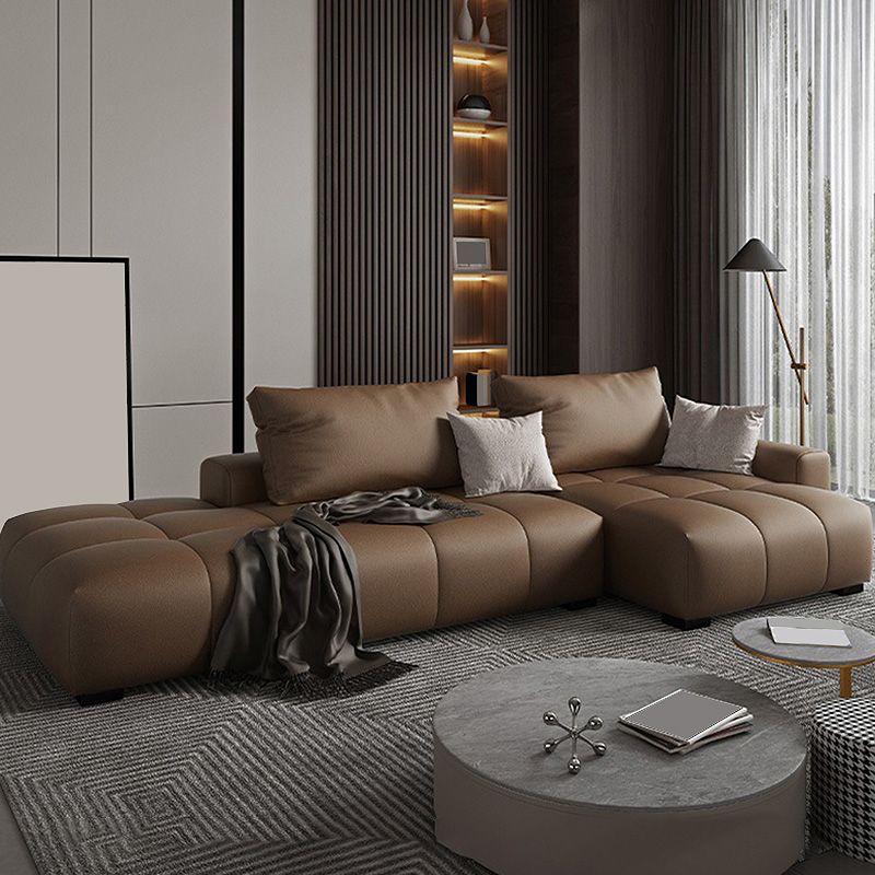 Faux leather Square Arm Sectional Brown L-Shape  Sectional for Living Room