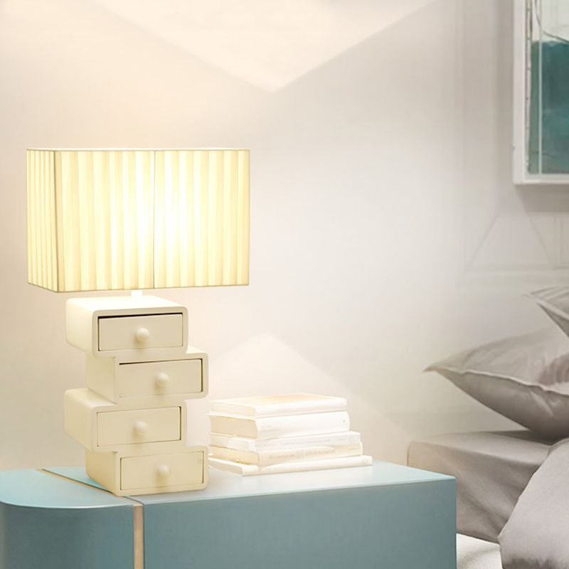 Luz de mesa de tela rectángulo 1 cabeza 1 cabeza lámpara de mesita de noche blanca con base de madera de cajón
