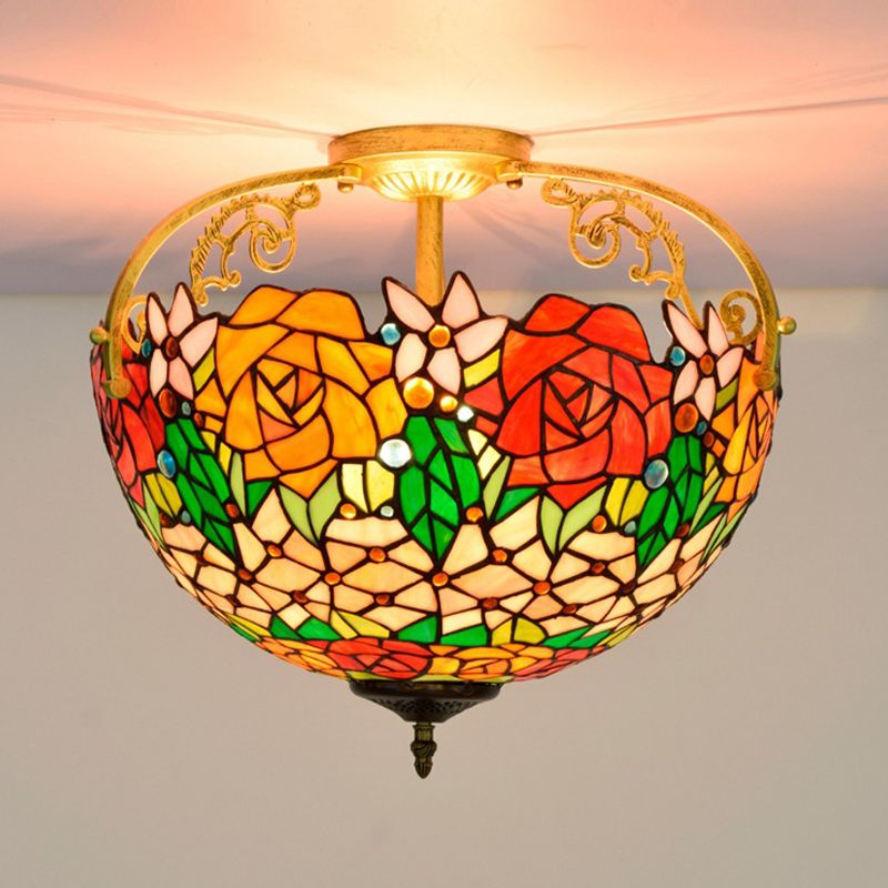 Schnittglas Rose halb Flush Beleuchtung Mediterrane 3 Lichter Beige/Rosa/Orange Deckenmontage