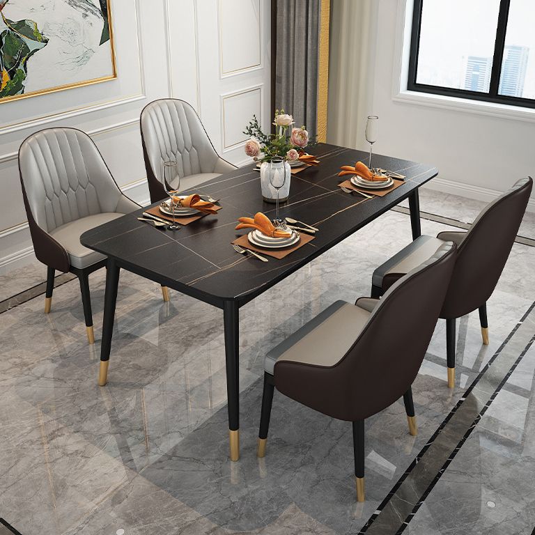 Stone Top Dining Table Contemporary Rectangle Table with 4 Black Legs