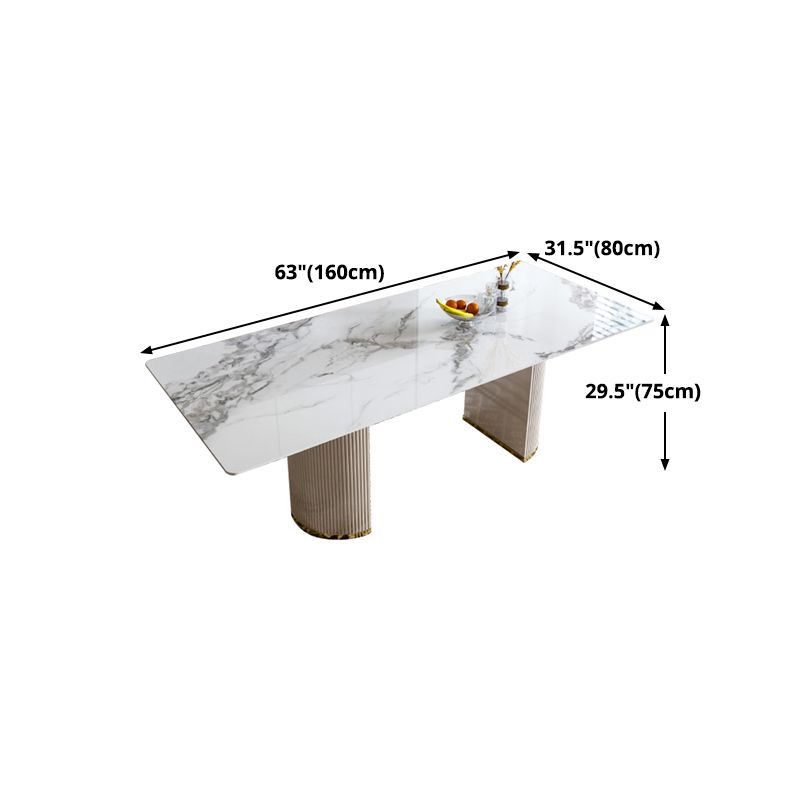 Luxury White Tone Dining Table Sintered Stone Table with Double Pedestal