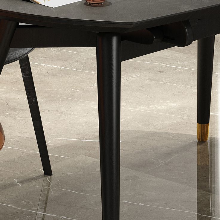 Round Extendable Dining Table Modern Stone Tabletop with Solid Wood Legs