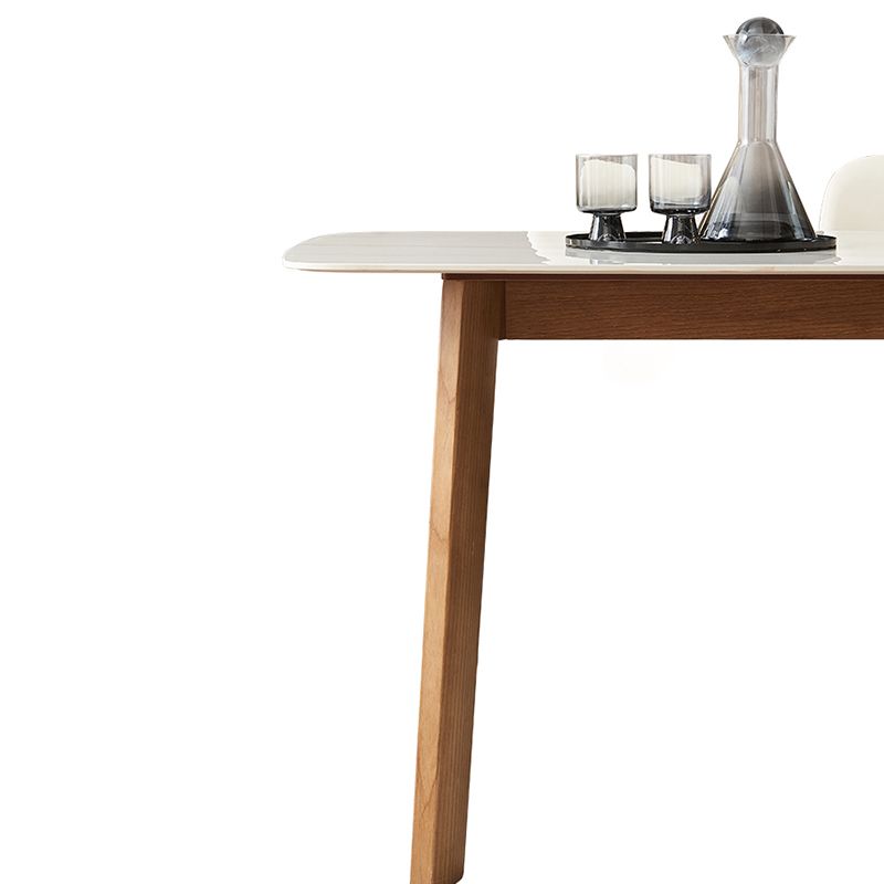 Mesa moderna de mediados de siglo de madera maciza, mesa rectangular de piedra sinterizada blanca