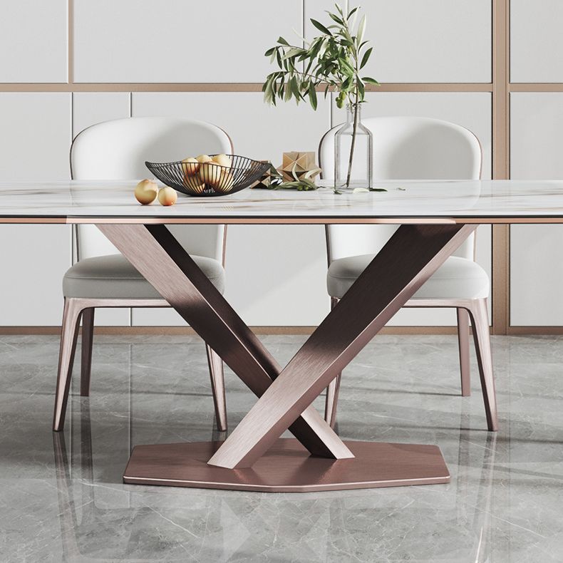 Mesa de comedor blanca de rectángulo glamoroso mesa de comedor de cocina de piedra sinterizada con base de pedestal