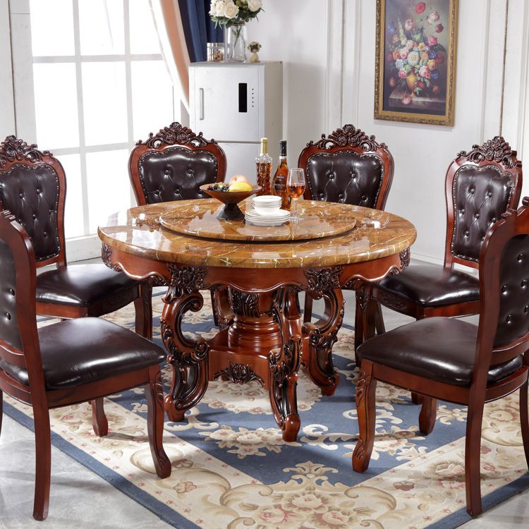 Faux Marble Dining Table Traditional Round Dinette Table with Turntable