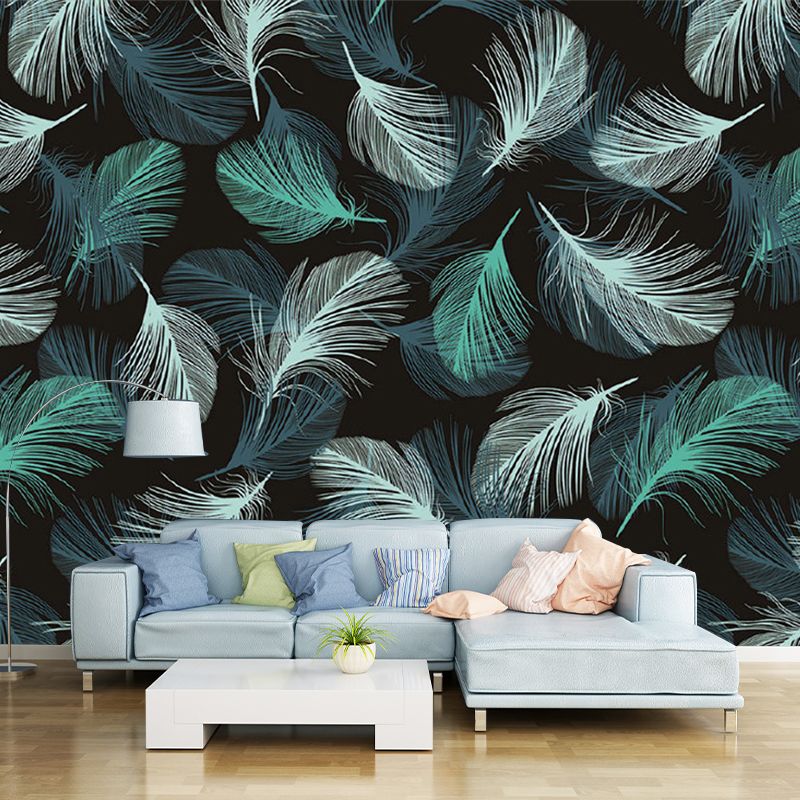 Contemporary Feathers Wall Mural Decal in Green-White Bedroom Wall Decor, Full Size