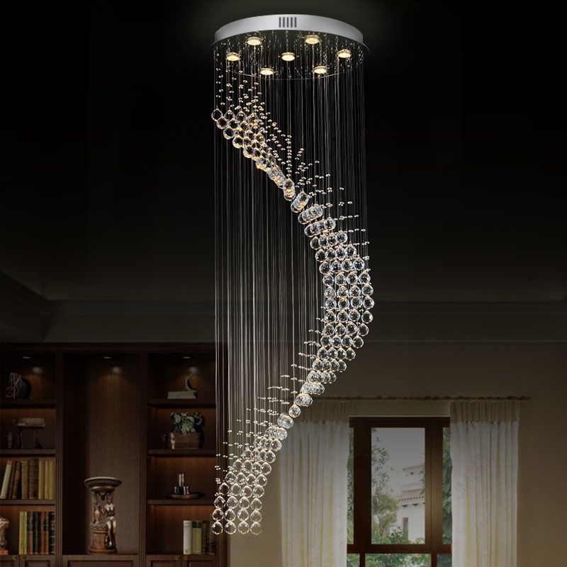 Luz de techo múltiple espiral modernista 7 Bombullas Lámpara colgante de cristal en plata