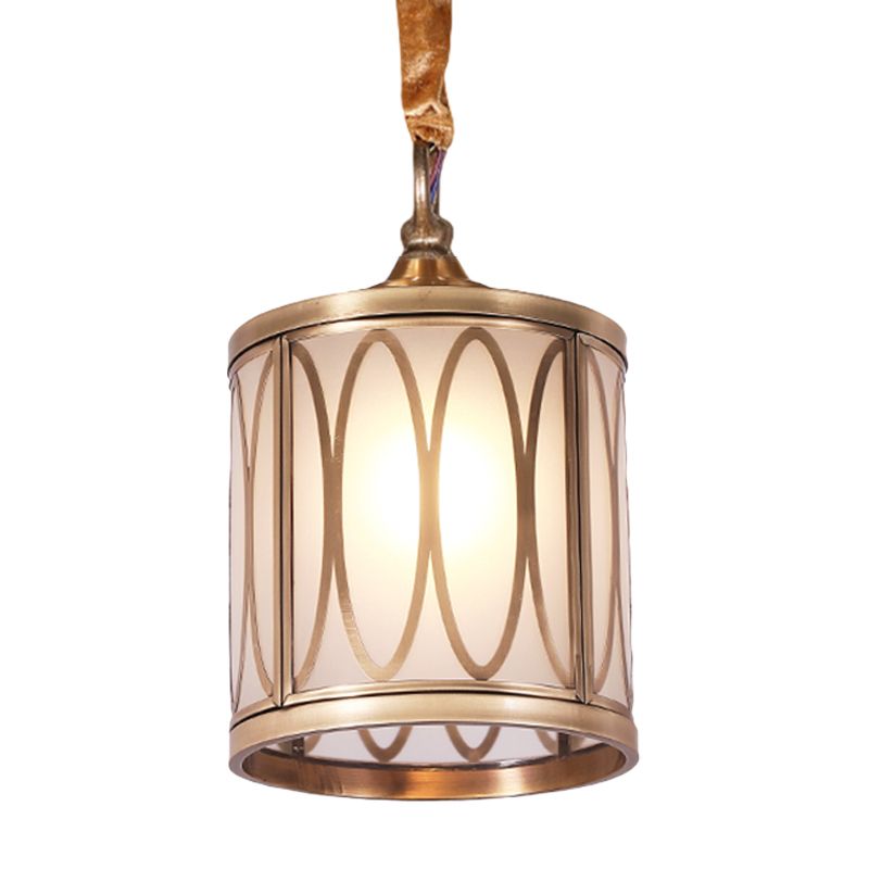 Cylindrical Opal Glass Hanging Light Kit Rural 1 Head Hallway Suspension Pendant Lamp with Circle/Oval Pattern