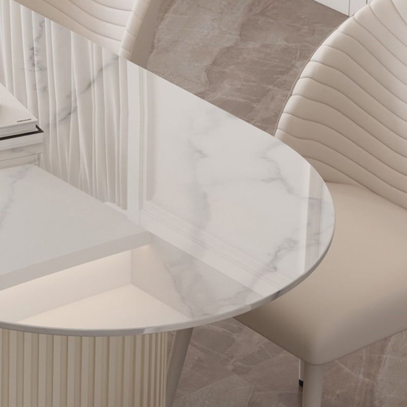 Modern Oval Dining Table Stone and Metal Double Pedestal Dining Table in White