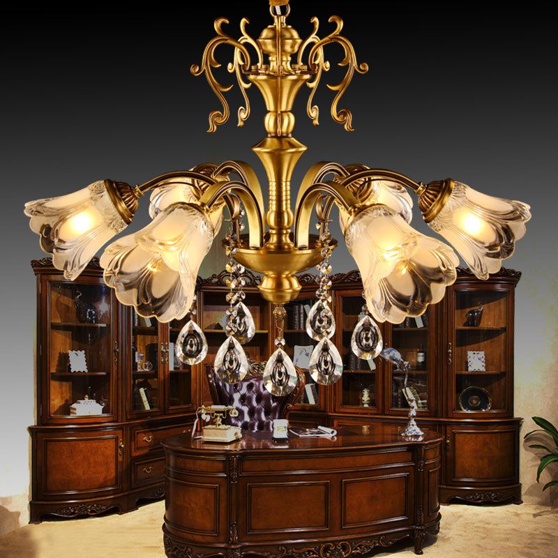 Brass Flower Pendant Chandelier Retro Clear Glass 6 Lights Living Room Hanging Lamp with Crystal Drape