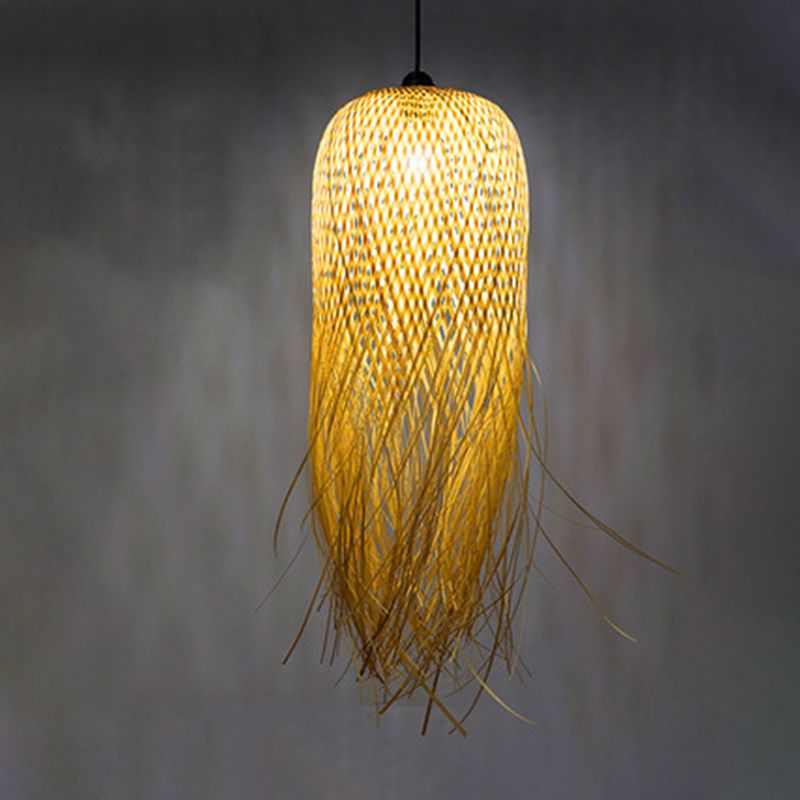 Beige Hand-Woven Pendant Asia Art Deco 1 Bulb Bamboo Hanging Light for Dining Table