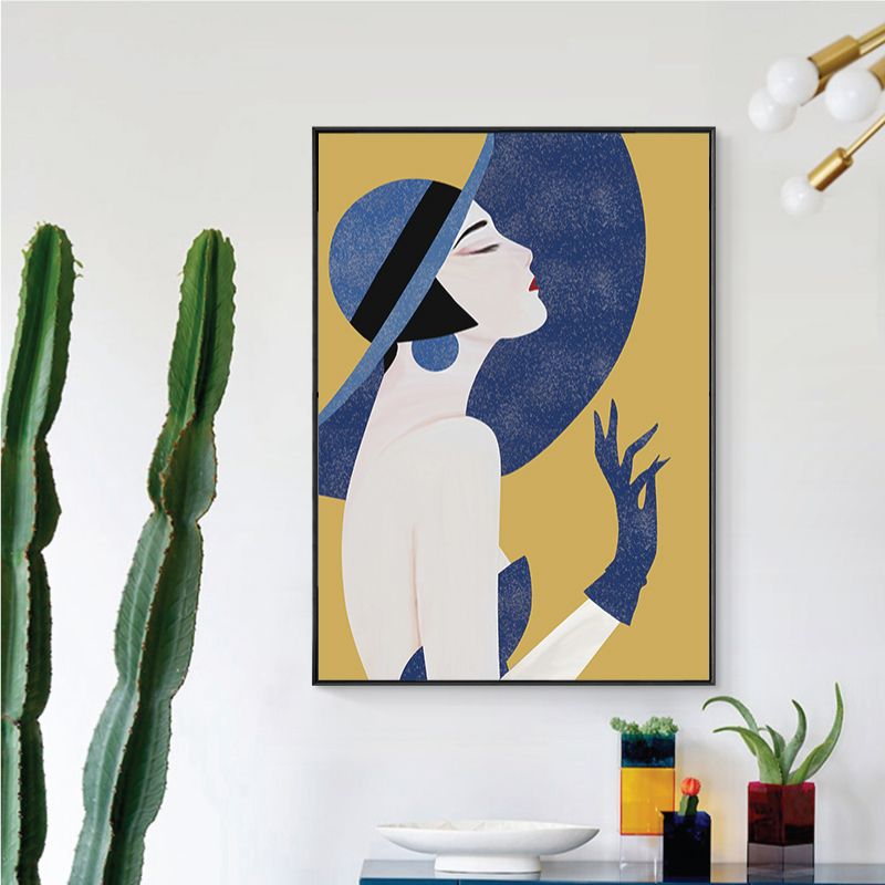 Blue Nordic Wall Art Illustration Portrait of Woman in Floppy Hat Canvas for Girls Room