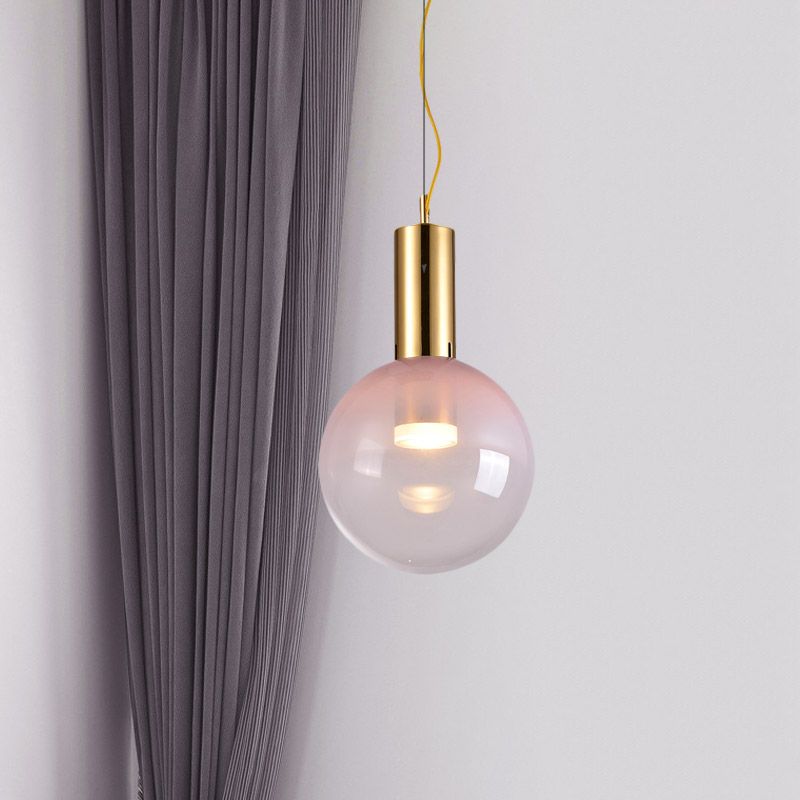 Gradient Pink Glass Ball Suspension Light Contemporary 1-Head Ceiling Hang Fixture in Gold