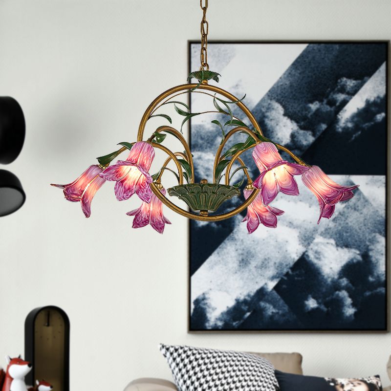 Floral Dining Room Ceiling Chandelier Traditional White/Yellow/Purple Glass 6 Heads Hanging Light Fixture