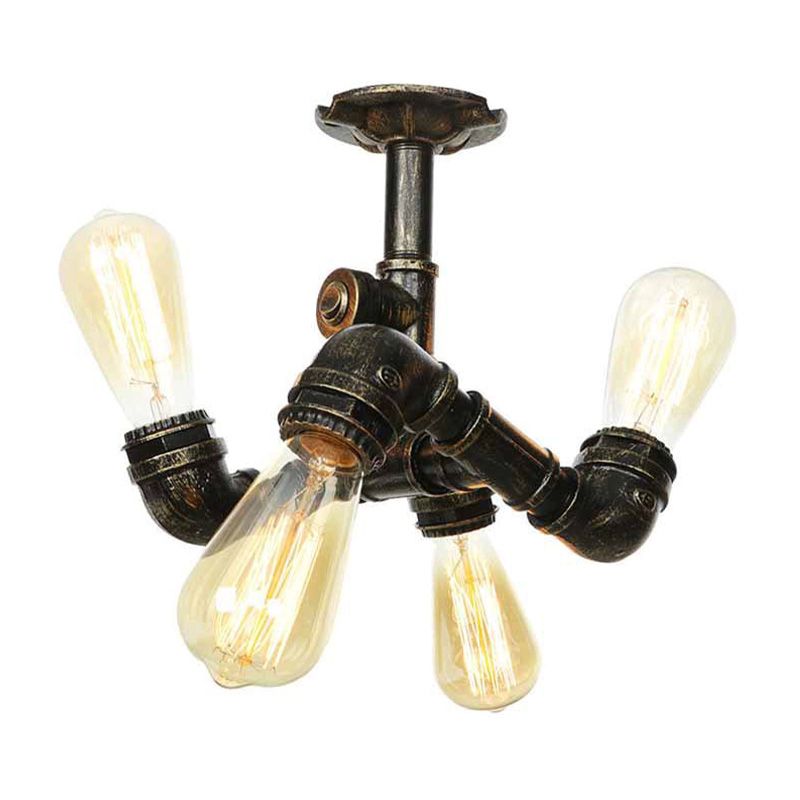 Water Pipe Metal Semi Flush Mount Vintage 3/4 Lights Indoor Ceiling Light Fixture in Antique Brass/Aged Silver/Antique Bronze