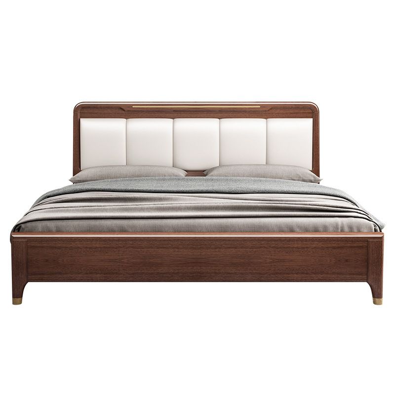 Rubberwood Pine Wood Panel Bed Mid-Century Modern Espresso Standard Bed with Headboard
