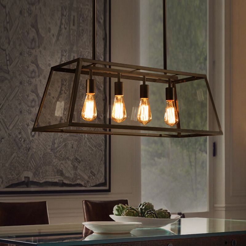 Industrial Style Island Pendant Glass 4 Light Island Light in Black for Restaurant