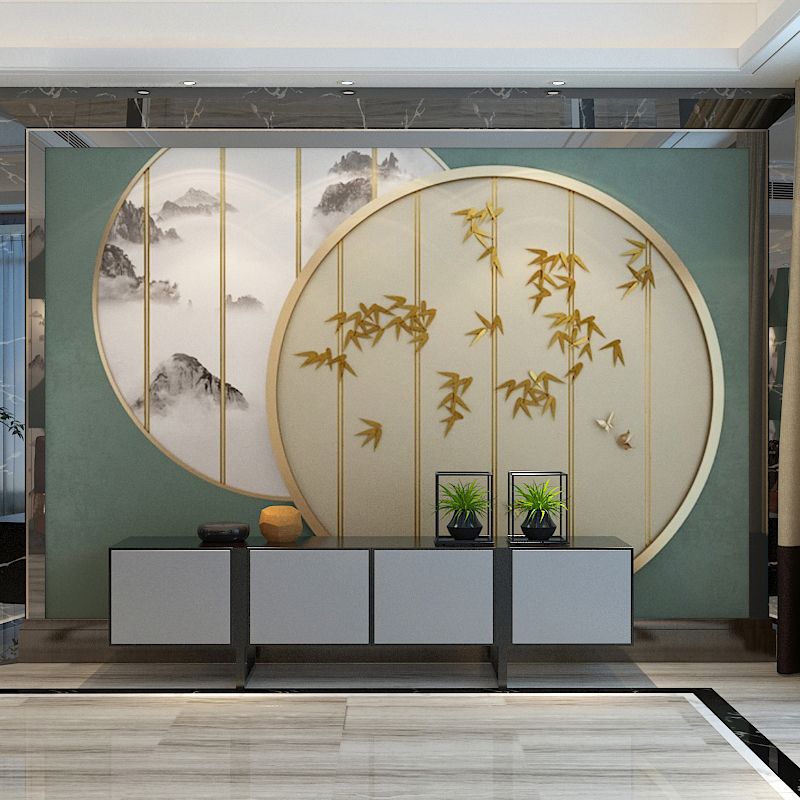 Green Wall Decor Bamboo and Circle Window Waterproof Mural Wallpaper for Accent Wall