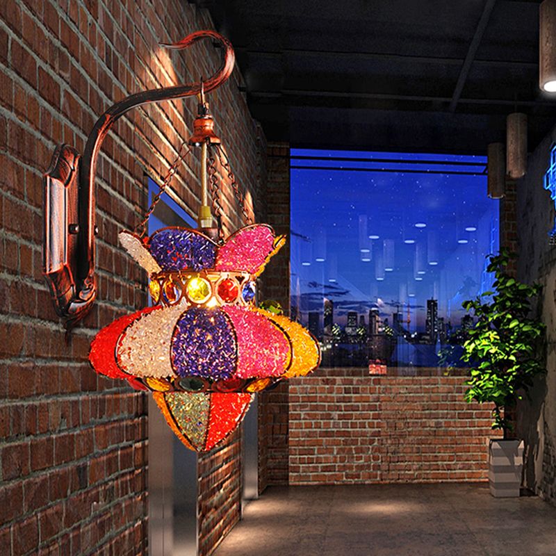 Lantern Restaurant Sconce Lamp Traditional Stained Glass 1 Head Copper Wall Lighting Fixture