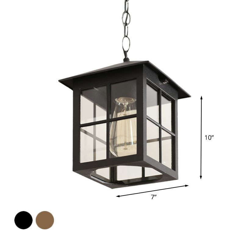 Cuboid Clear Glass Hanging Light Farmhouse 1 Bulb Courtyard Pendulum Lamp in Black/Bronze