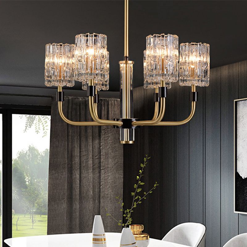 6-Head Clear Crystal Pendant Traditionalist Gold Cylindrical Restaurant Chandelier Light Fixture