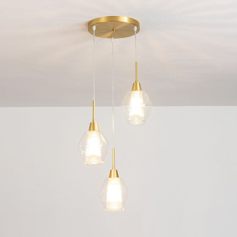 Dual-Shade Diamond Ceiling Hand Lamp Modern Clear Glass 3-Bulb Gold Round/Linear Canopy Cluster Pendant Light