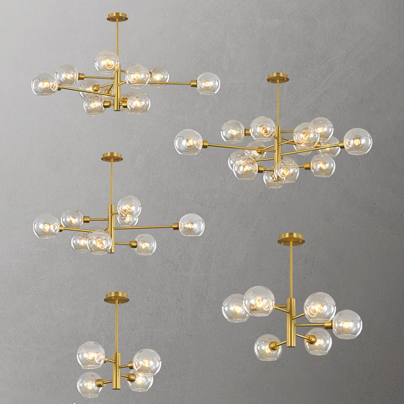 Full Copper Molecular Styling Chandelier Transparent Glass Orb Nordic Simplicity Lighting Fixture in Gold