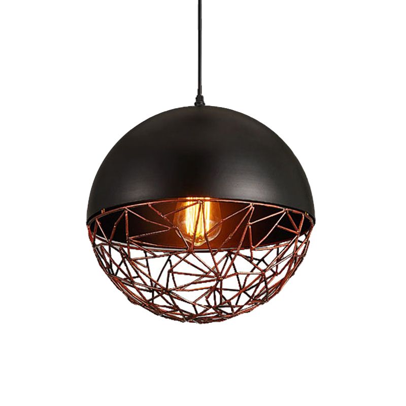 Iron Domed Hanging Ceiling Light Factory 1 Light Dining Room Down Lighting in Black with Wire Cage
