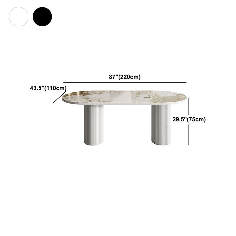 Table de salle à manger ovale moderne avec dessus en pierre et double piédestal en métal