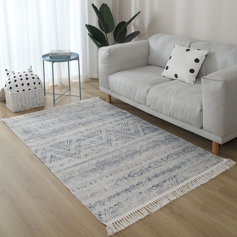 Blue Tone Modern Indoor Rug Cotton Ethnic Print Carpet Easy Care Rug for Home Decoration