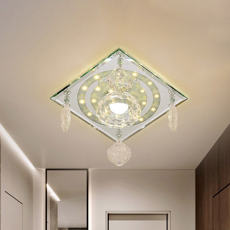 Square Clear Crystal Flushmount Minimalist LED Hallway Close to Ceiling Lighting Fixture