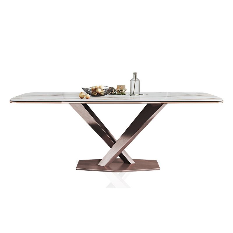 Mesa de comedor blanca de rectángulo glamoroso mesa de comedor de cocina de piedra sinterizada con base de pedestal