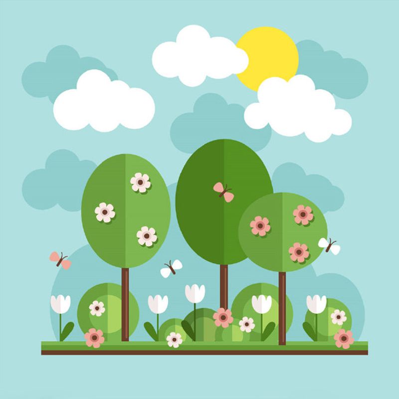 Cartoon Flowering Tree Wallpaper Murals Blue-Yellow-Green Nursery Wall Decor, Custom Size