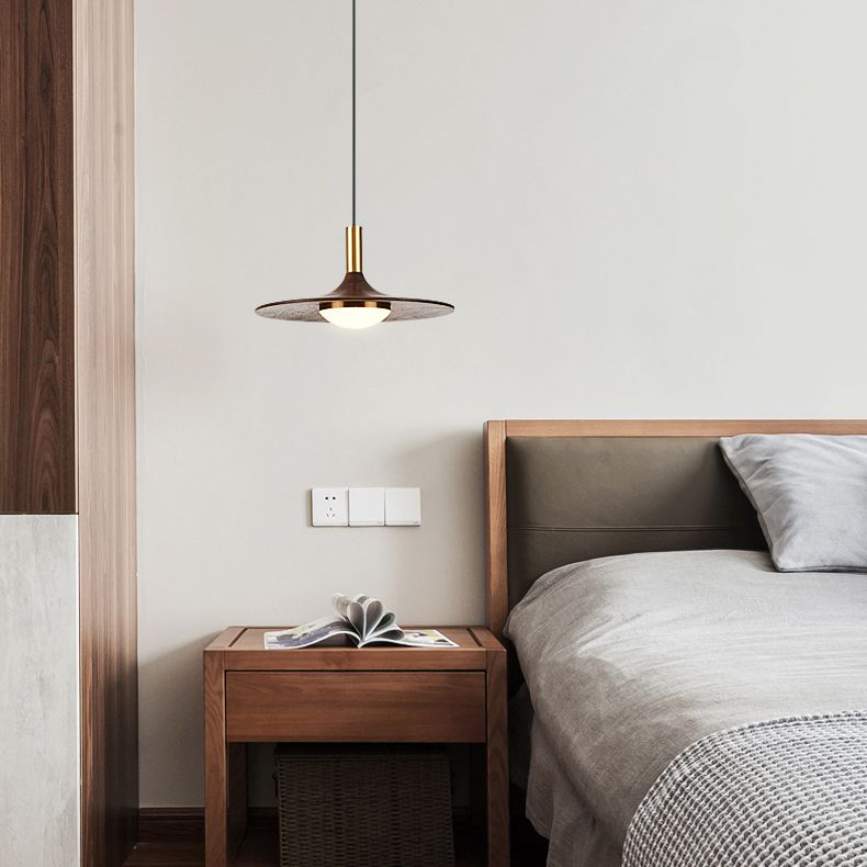 Wide Flared Walnut Wood Suspension Lamp Minimalist Dark Brown LED Pendant Lighting Fixture