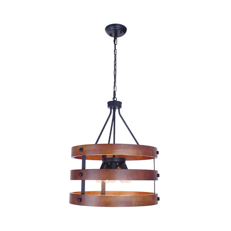 Brown 5 Heads Chandelier Lighting Rustic Wooden Round Suspension Lamp for Dining Room