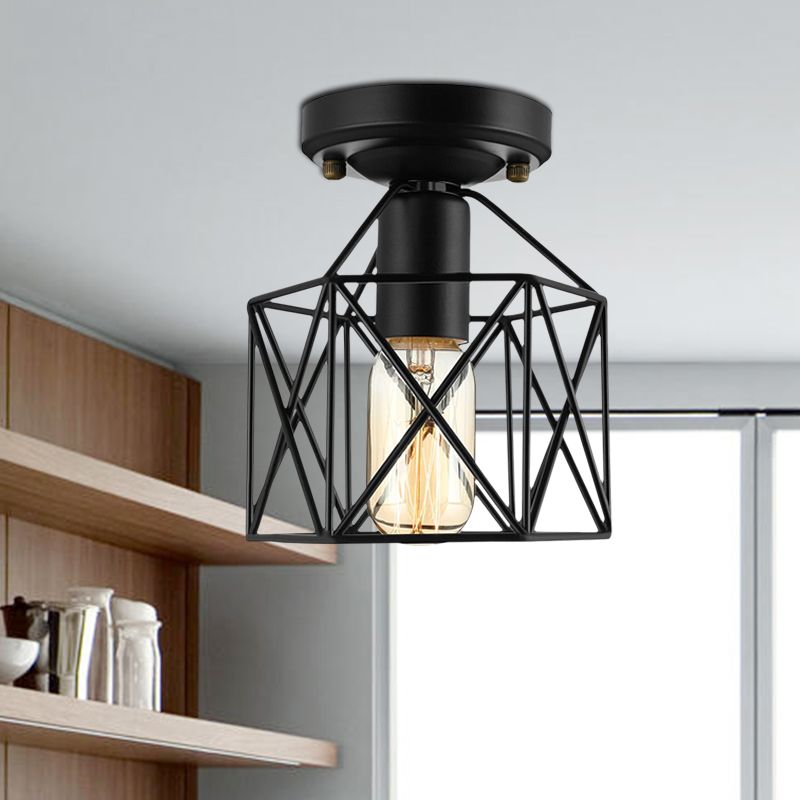 Hexagon Iron Ceiling Mounted Fixture with Cage Shade Vintage Stylish 1 Bulb Balcony Close to Ceiling Lamp in Black/White