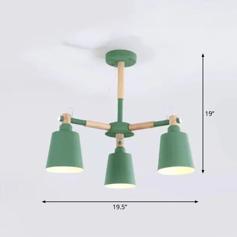Wooden Radial Pendant Lighting Macaron Chandelier with Tapered Metal Shade for Living Room