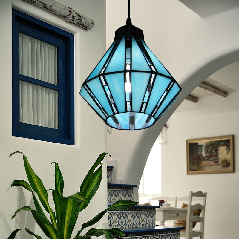 Cut Glass Diamond Drop Lamp Mediterranean 1 Head Blue Mini Pendant Lighting for Foyer
