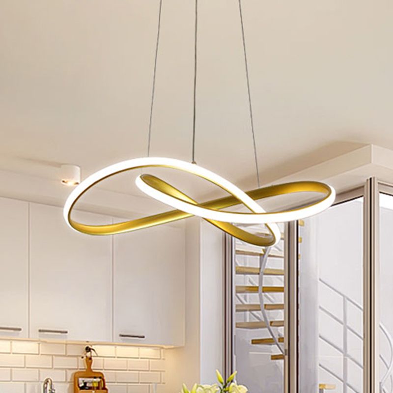 Moderne minimalistische stijl LED -lijn kroonluchter witte acryl schaduw aluminium onregelmatig gebogen hanglicht voor eetkamer