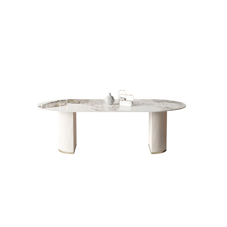 Glam Oval Dining Table Stone Top Dining Table with Double Pedestal in White