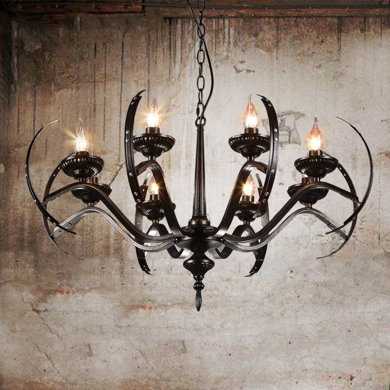 Traditional Candle Hanging Lamp 8 Bulbs Iron Chandelier Light Fixture with Curvy Arm in Black
