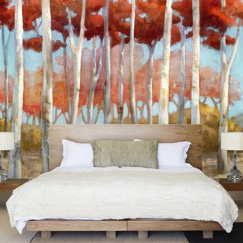 Red Forest Wall Covering Moisture-Resistant Wall Mural for Coffee Shop