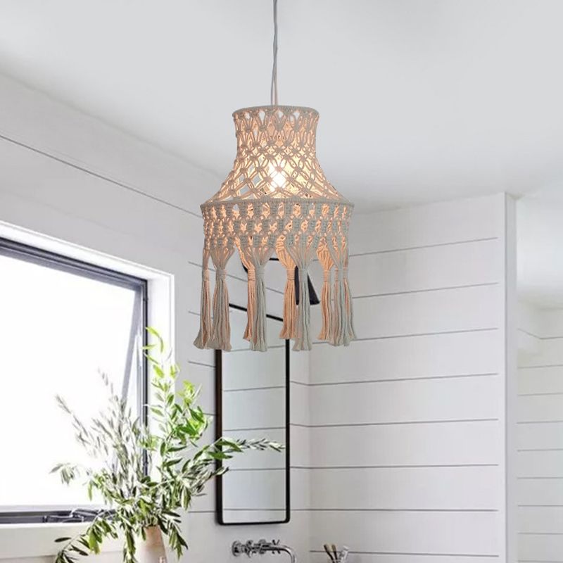 Beige Flared Suspension Light Countryside natürliches Seil 1 Kopf Esszimmer Anhänger Beleuchtung