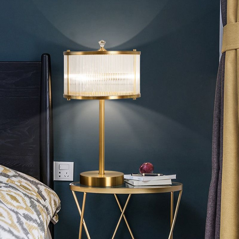 Simplicity Drum Shade Nightstand Lamp 1��Bulb Clear Glass Rod Table Lighting in Brass for Bedside