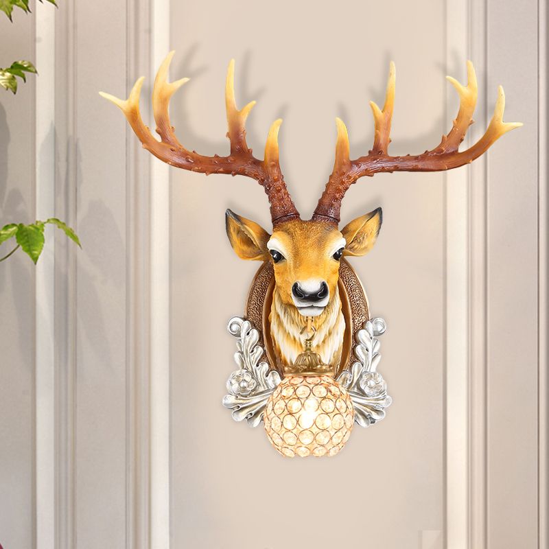 Ball Living Room Wall Sconce Cottage Beveled K9 Crystal 1 Head Grey/Yellow Wall Mounted Lighting with Deer Head Design